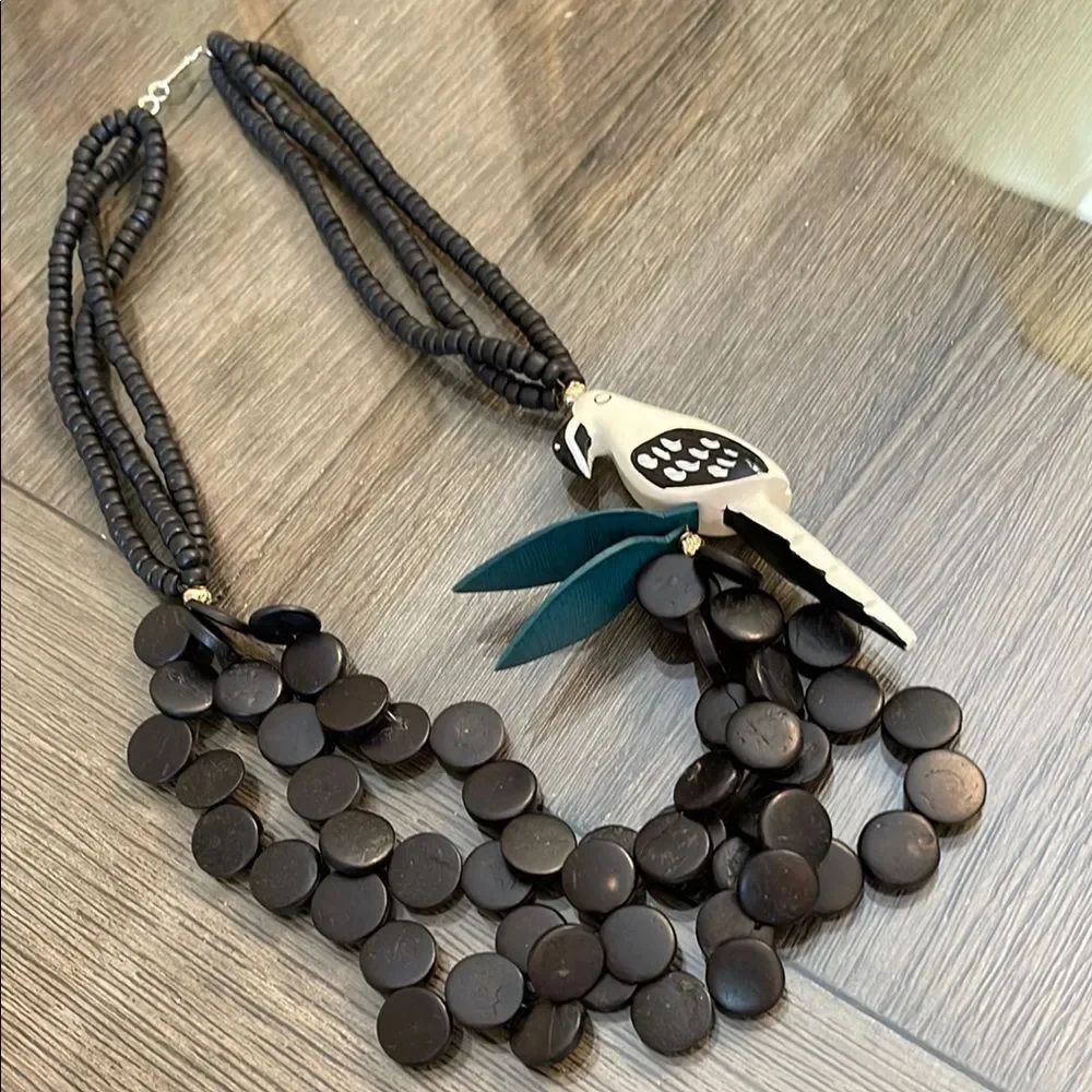 Vintage Black Beaded Necklace with White Parrot Pendant